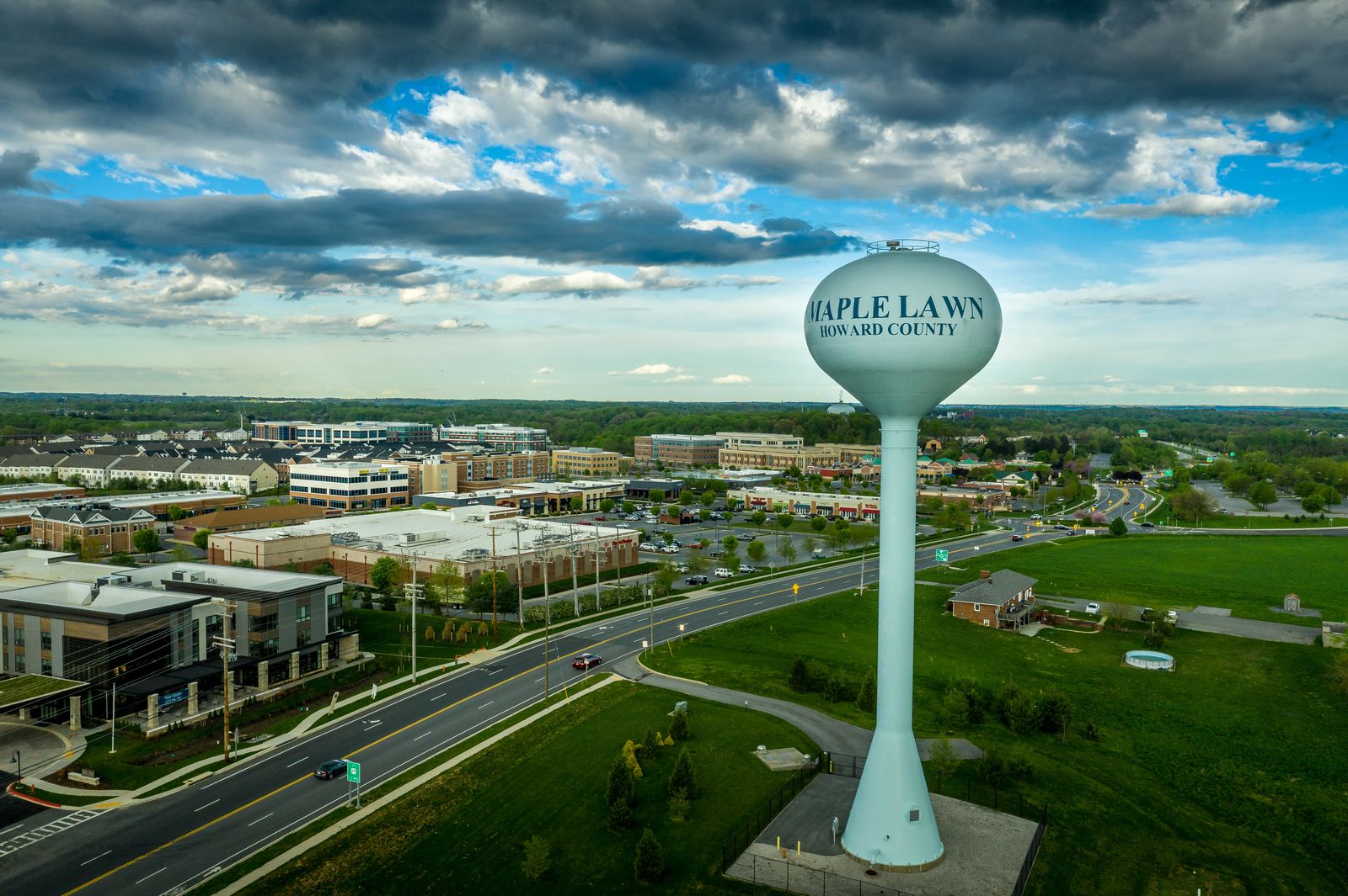 Maple Lawn water tower overlooking the Howard County shopping and office district in Fulton, MD